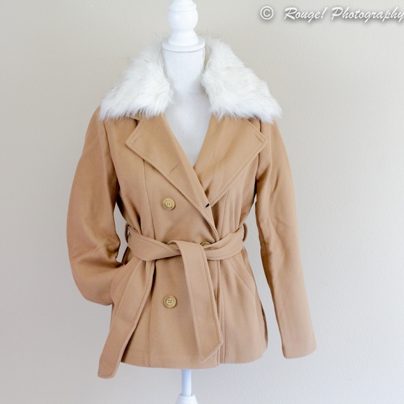 Faux Fur Belted Double Breasted Jacket In Camel - Picture 7 of 9